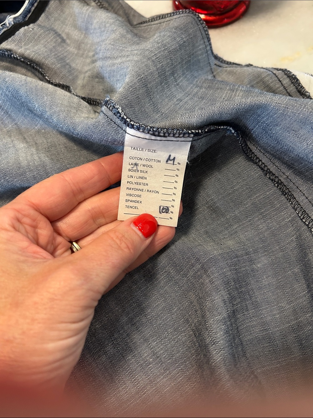 Veronique Miljkovitch Dress Navy Blue midi chambray distressed neck/sleeves - Picture 5 of 5